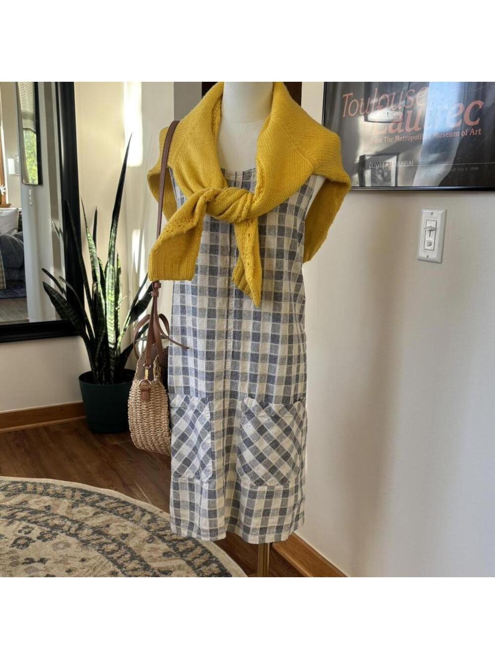 Vintage Northcrest Linen Cotton Gingham Pinafore Dress Cottagecore Coastal M